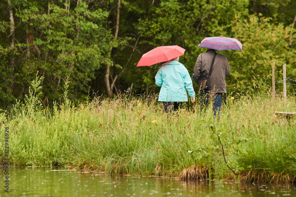 Älteres Ehepaar bei einem Spaziergang im Regen durch die Natur