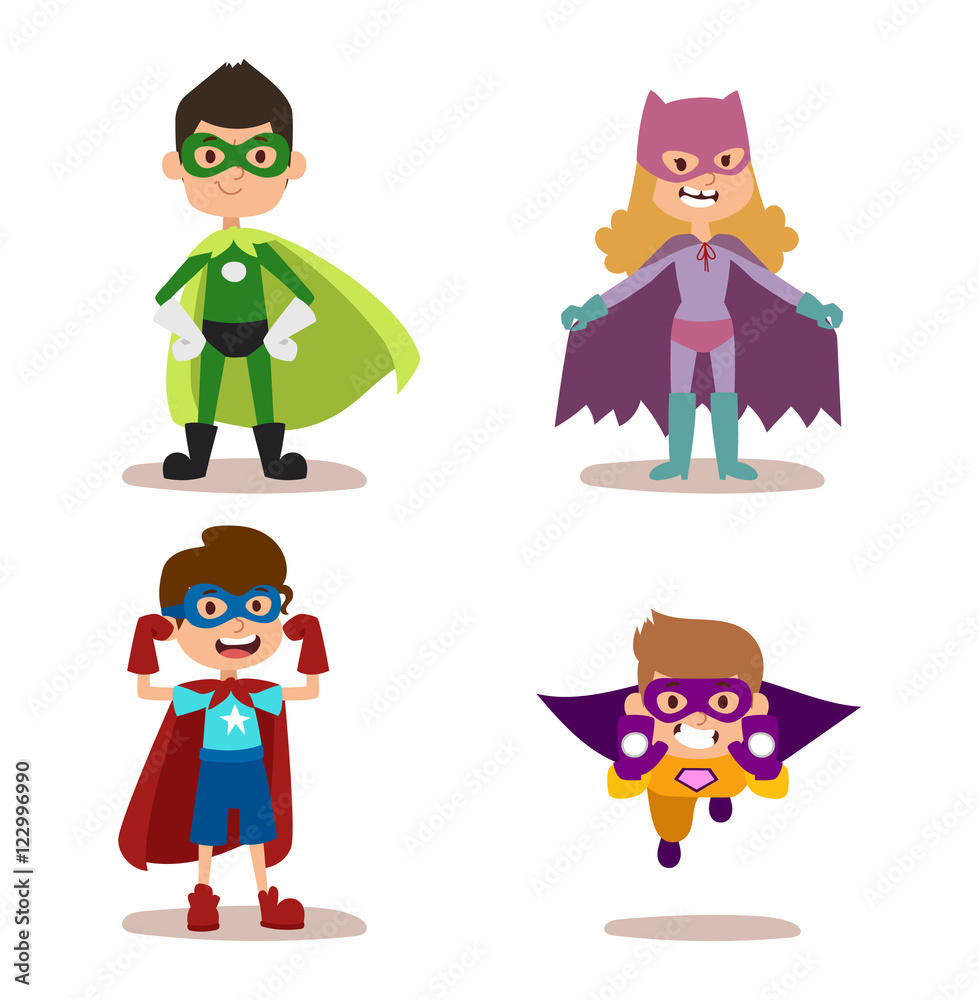 Superhero kids boys and girls cartoon vector illustrationt Superhero kids boys and girls cartoon vector illustrationt
