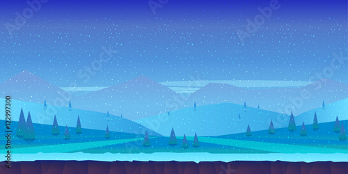 Cartoon winter landscape with ice, snow and cloudy sky. vector nature background for games.