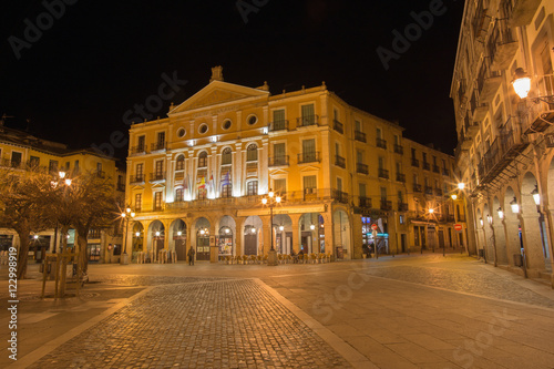 SEGOVIA, SPAIN, APRIL - 13, 2016: The Juan Bravo theater on the Plaza Mayor square at night.