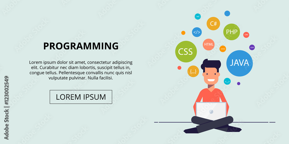 Banner for the site study programming. Happy young man sitting with a laptop. The icons in the colored circles. Vector illustration in flat style.