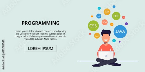 Banner for the site study programming. Happy young man sitting with a laptop. The icons in the colored circles. Vector illustration in flat style.