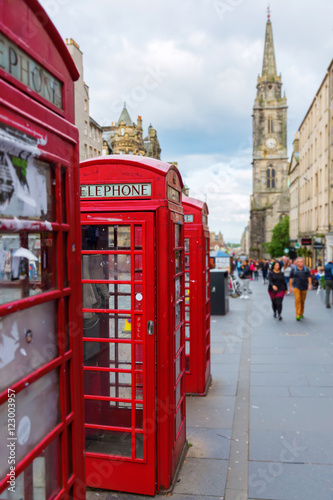 red phone boxes on the Royal Mile in Edinburgh, Scotland