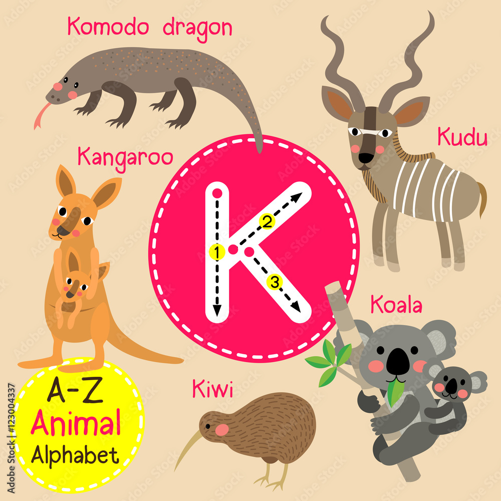 K letter tracing. Kangaroo. Kiwi. Koala. Komodo dragon. Kudu. Cute ...