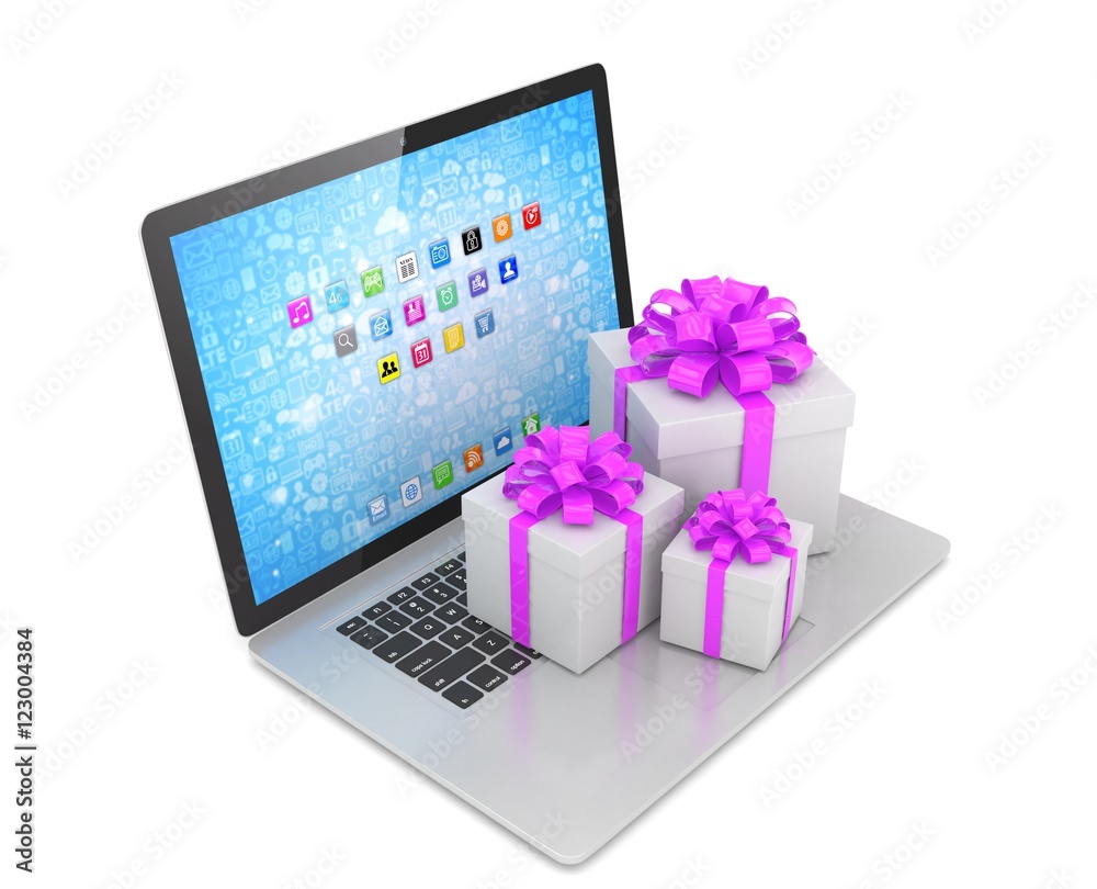Gift box with ribbon bow on laptop keyboard. 3d rendering. Gift box with ribbon bow on laptop keyboard. 3d rendering.