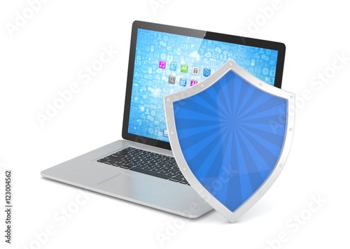 Free Download Laptop and shield on white, computer security concept. 3d rendering. - GFXLoad
