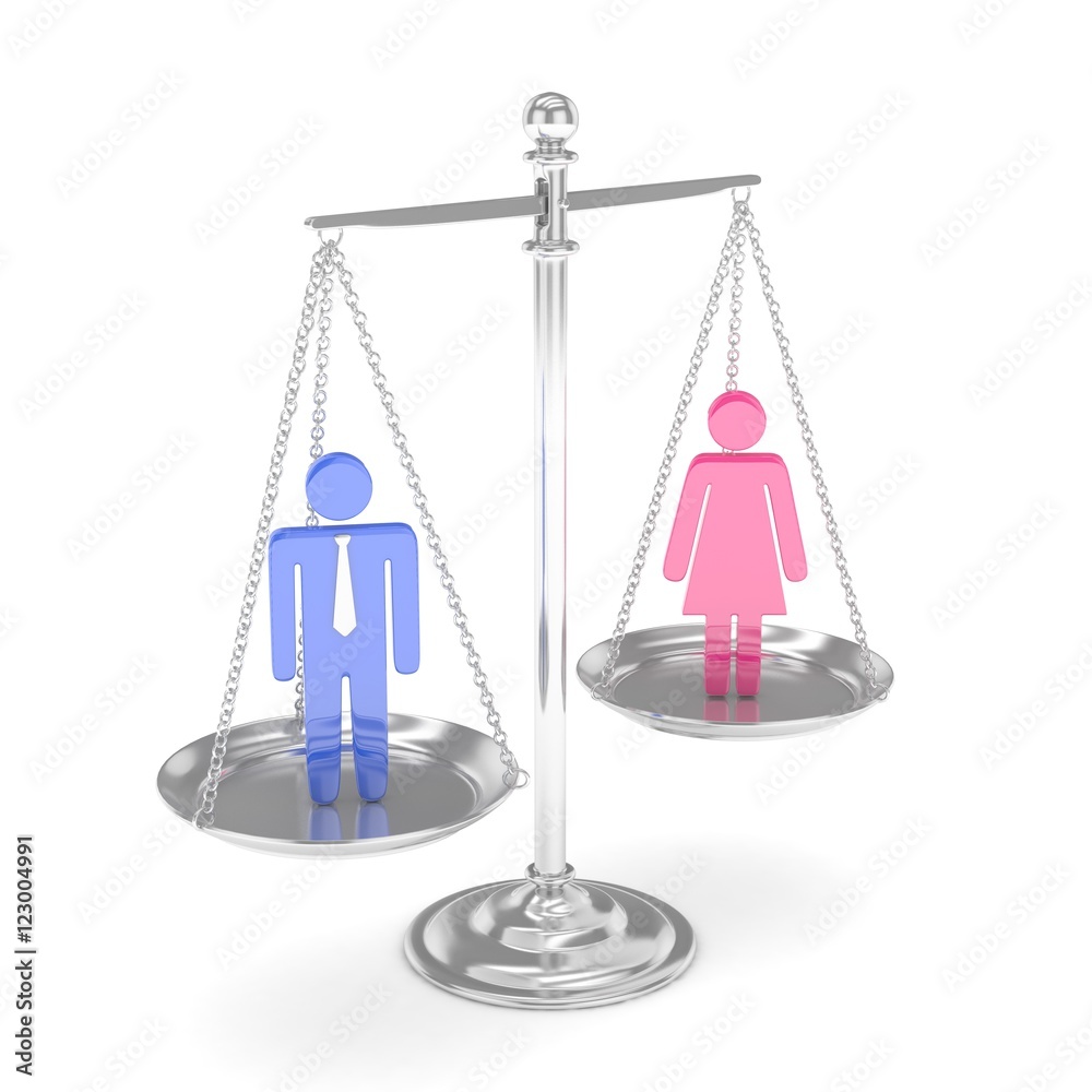 Isolated old fashioned pan scale with man and woman on white background. Gender inequality. Equality of sexes. Law issues. Colorful model. 3D rendering. Isolated old fashioned pan scale with man and woman on white background. Gender inequality. Equality of sexes. Law issues. Colorful model. 3D rendering.
