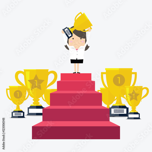 Success businesswoman character standing in a podium holding up a trophy as she celebrates her victory