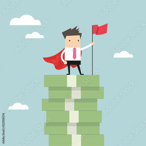 Businessman with winners flag standing on money stairs.