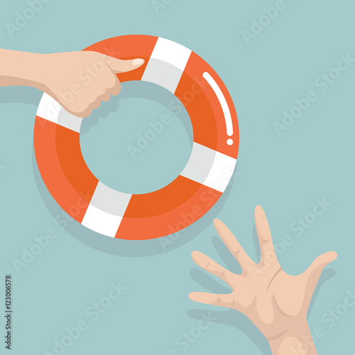 Drowning people getting lifebuoy from another people.