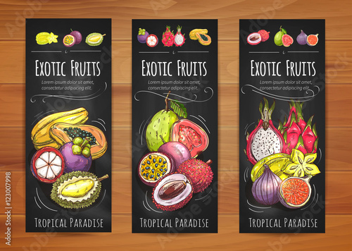 Exotic tropical fruits banners for food design