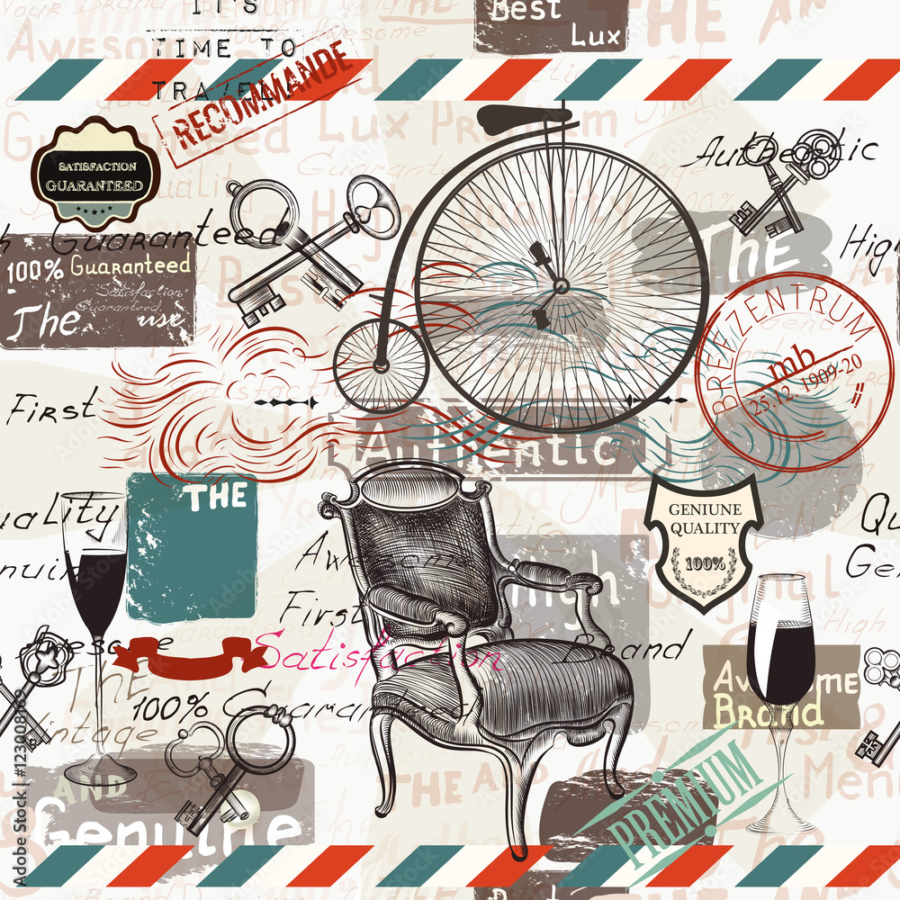 Wallpaper pattern with vintage objects. Keys, chair, flourishes,