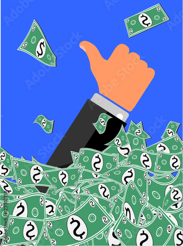 Like Money - Hand Flashing Like Sign sticks out of a heap or pile of cash, paper money or banknotes