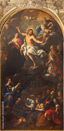 Fotografie BRESCIA, ITALY - MAY 22, 2016: The painting of resurrected Christ among the saints in Duomo Nuovo by unknown artist of 17