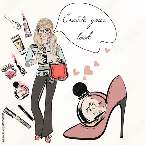 Fashion trendy girl with cute lipstick, perfume, shoe, mascara