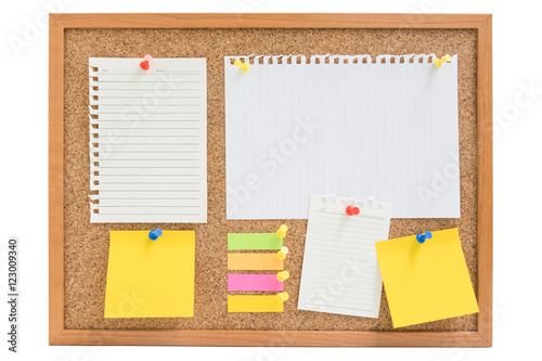 Isolated wooden board with paper and notes