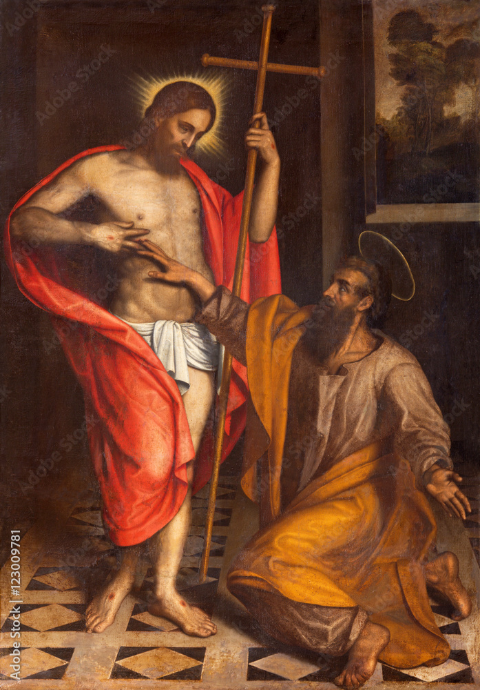 Fototapeta premium BRESCIA, ITALY - MAY 22, 2016: The painting The Doubt of St. Thomas in church Chiesa di San Faustino e Giovita by unknown artist of 16. cent.