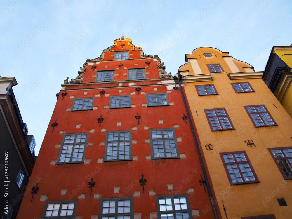 Red and yellow houses in Stockholm, Sweden