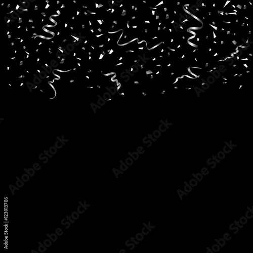 Silver confetti celebration, isolated on black background. Falling abstract decoration for party, birthday celebrate, anniversary or event, festive. Festival decor. Vector illustration