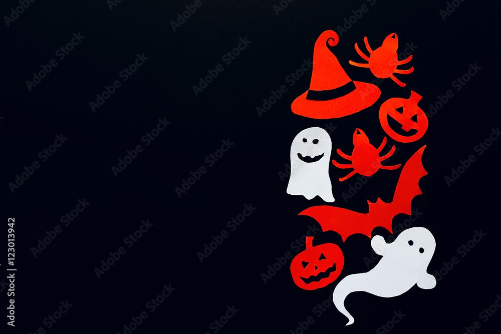 Halloween background with ghost, pumpkins, bat, spider and witch