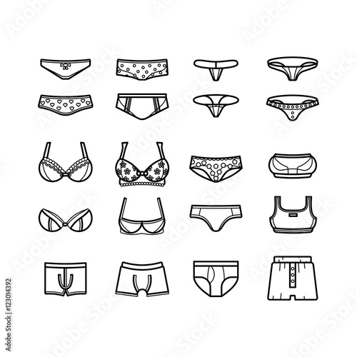 Lingerie womens and mens underwear thin line icons set