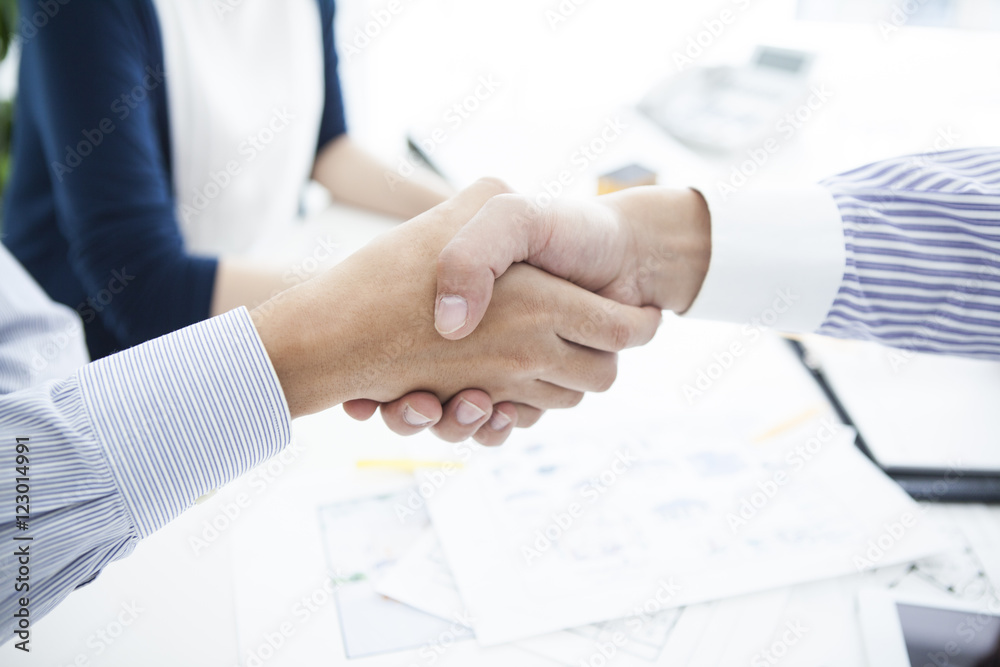 Business people with a handshake at the real estate agency