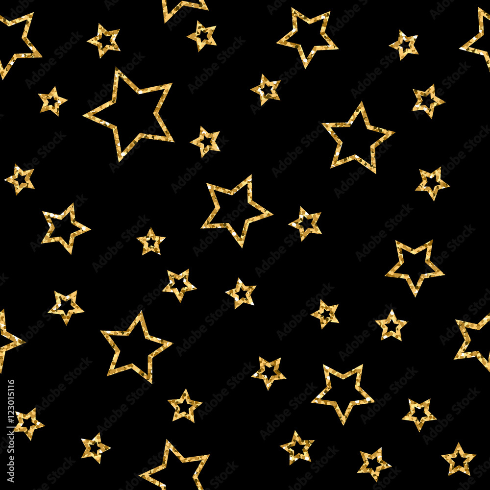 Stars seamless pattern gold and black retro background. Abstract bright golden design for wallpaper, christmas decoration, confetti, textile, wrapping. Symbol of holiday. Vector illustration Stars seamless pattern gold and black retro background. Abstract bright golden design for wallpaper, christmas decoration, confetti, textile, wrapping. Symbol of holiday. Vector illustration