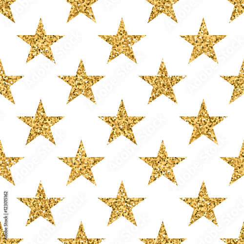 Stars seamless pattern gold and white retro background. Abstract bright golden design for wallpaper, christmas decoration, confetti, textile, wrapping. Symbol of holiday. Vector illustration