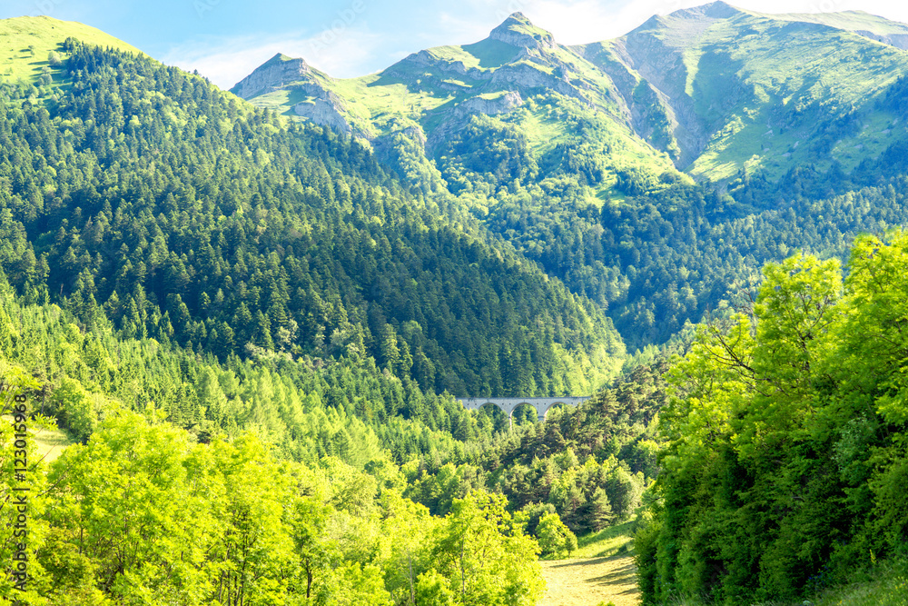 Obraz premium Beautiful landscape view on mountains and old bridge on the south-east of France