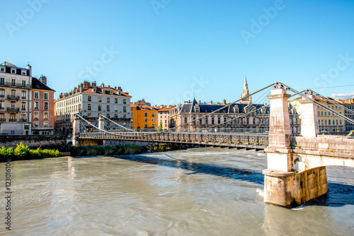 Morning cityscape view with river and bridge in Grenoble city on the south-east of France