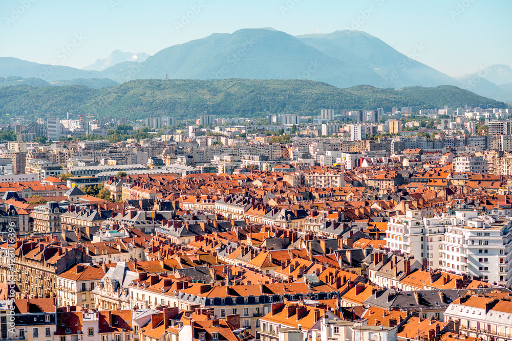 Morning cityscape view on the old town with mountains and river in Grenoble city on the south-east of France