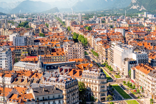 Morning cityscape top view on the main avenue in Grenoble city on the south-east of France photo
