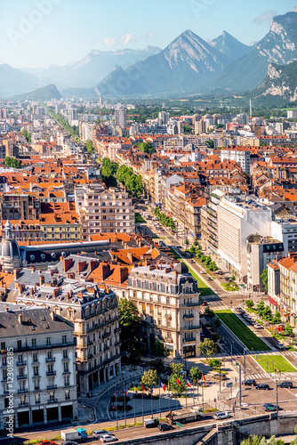 Morning cityscape top view on the main avenue in Grenoble city on the south-east of France