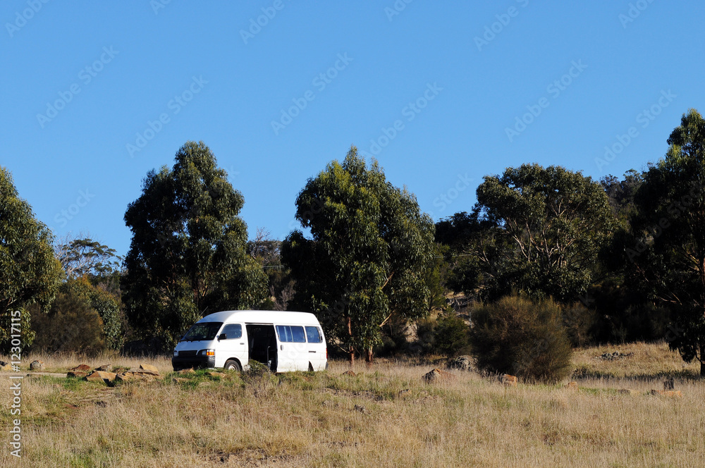 White tiny small van coach explore dried forest in sunny blue sky day