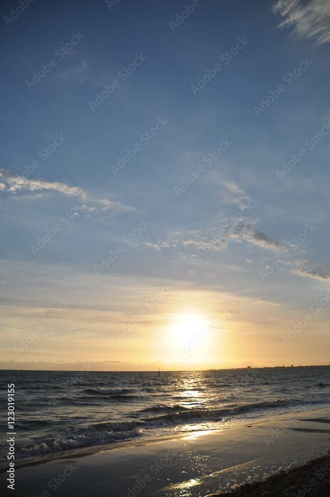 Beautiful dramatic peaceful sun set at the  Pacific sea