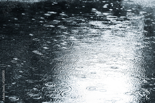 wet asphalt with raindrops on water puddle during rainy weather
