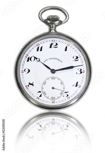 Vintage pocket watch mirrored isolated on white background