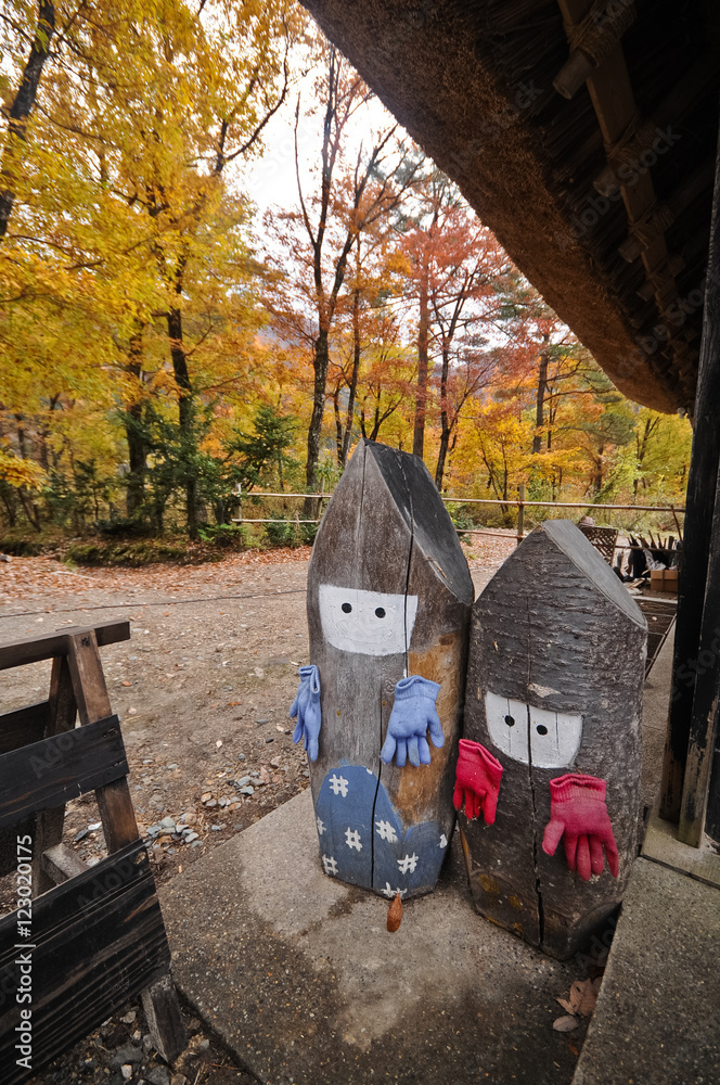 Fototapeta Japońska jesień pokaz chłopca i dziewczynki w rękawiczkach w Shirakawa