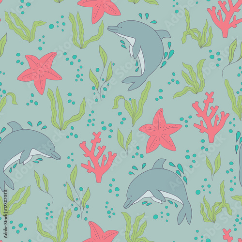 Vector seamless pattern. Hand-drawn doodle set of sea life