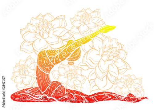  silhouette of yoga woman floral ornament.