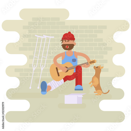 Strolling musician. Homeless man with Dog. Vagrant Guitarist  with leg in a plaster cast in dirty rags playing the guitar. Asking for help.