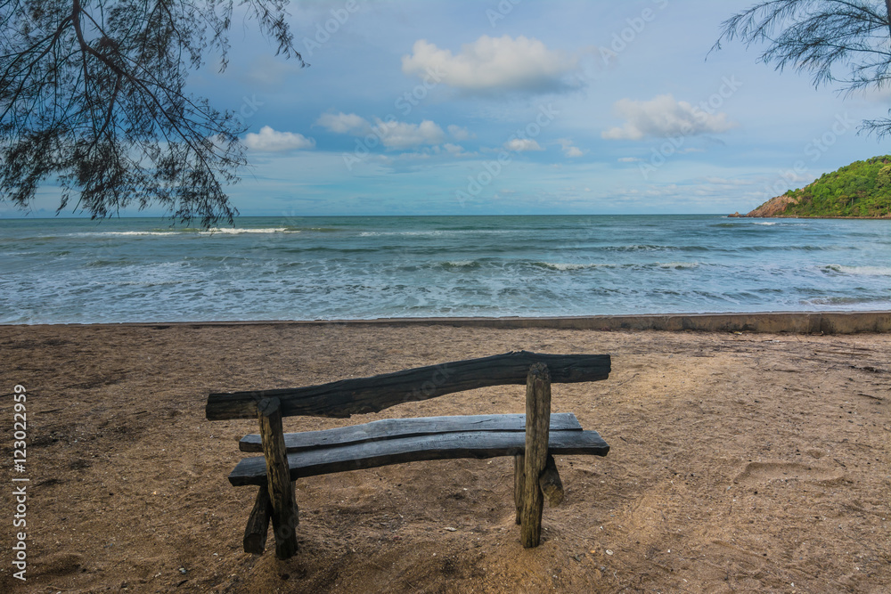 Old  wooden benches at Laem saded beach, Chanthaburi, Thailand.