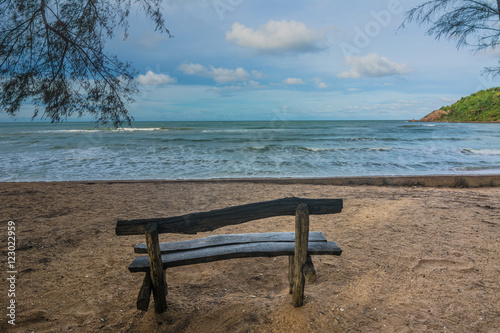 Old  wooden benches at Laem saded beach  Chanthaburi  Thailand.