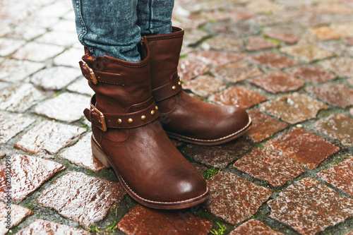 New brown leather boots on child's feet