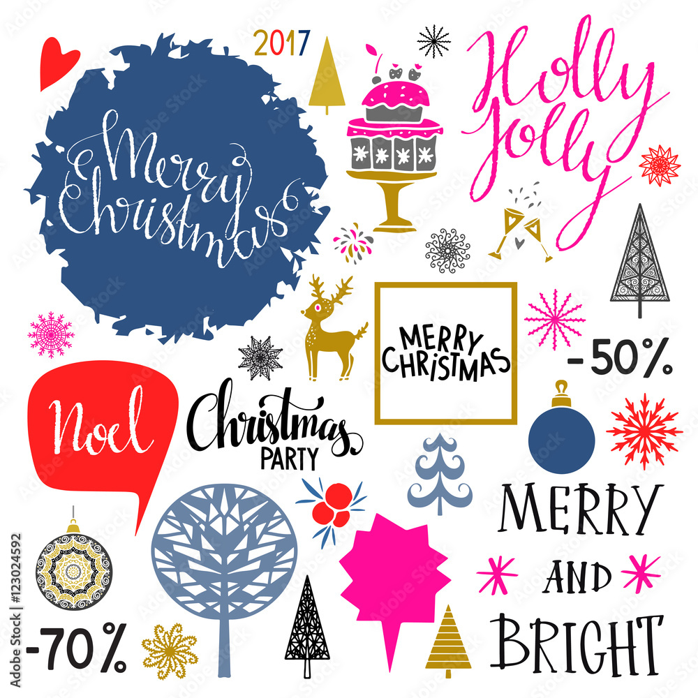 Naklejka premium Christmas Holiday icons, lettering