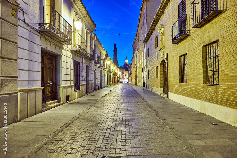 Streets and Medieval Fair (closed) in Alcala de Henares, Cervantina dawn during the week (10/06/2016)