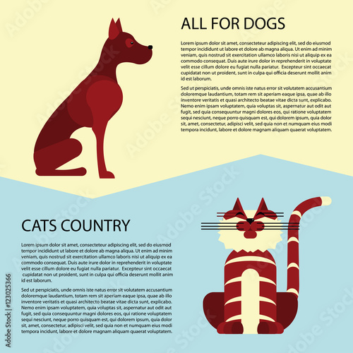 Cat and dog flyers in modern flat design. Vector simple cartoon. Place for your text. Colorful illustration with pets photo