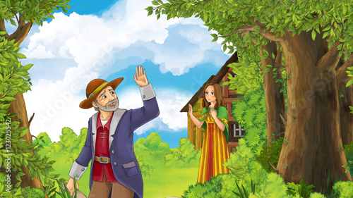 Cartoon happy and funny farm scene with father waving for goodbye to daughter - going somewhere - illustration for children