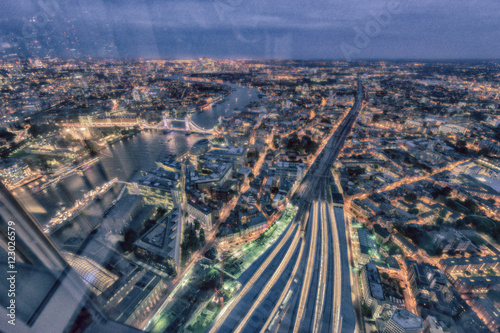 London Bridge Station aerial view at night. Transportation infra