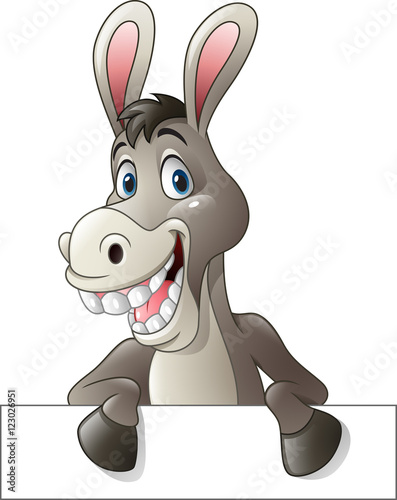 Foto Cartoon funny donkey holding blank sign